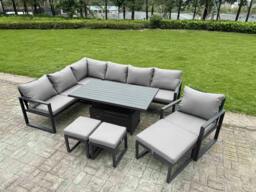 Rackhams 10 Seater Aluminium Garden Furniture Set with Adjustable Rising Dining Table, Sofa, 3 Footstools, Chair - Dark Grey - thumbnail 2