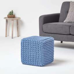 Rackhams Cube Cotton Knitted Pouffe Footstool Bean Filled Hand Knitted - Blue - thumbnail 3