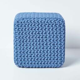 Rackhams Cube Cotton Knitted Pouffe Footstool Bean Filled Hand Knitted - Blue - thumbnail 1