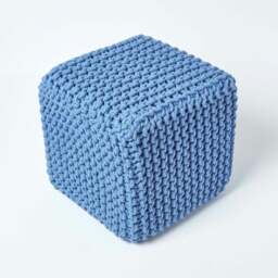 Rackhams Cube Cotton Knitted Pouffe Footstool Bean Filled Hand Knitted - Blue - thumbnail 4