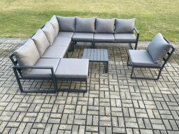 Rackhams 9 Seater Patio Outdoor Garden Furniture Aluminium Lounge Corner Sofa Set with Square Coffee Table Big Footstool Dark Grey - thumbnail 2