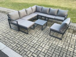 Rackhams 9 Seater Patio Outdoor Garden Furniture Aluminium Lounge Corner Sofa Set with Square Coffee Table Big Footstool Dark Grey - thumbnail 1