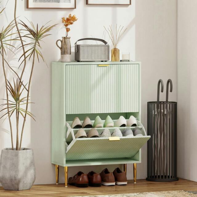 Rackhams Slim Shoe Storage Cabinet with 2 Flip Drawers for Hallway, Light Green - image 1