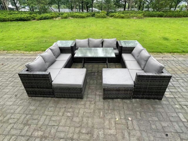 Rackhams 11 Seater Wicker PE Rattan Outdoor Furniture Lounge Sofa Garden Dining Set with Dining Table 2 Side Tables 2 Big Footstools Dark Grey Mixed - image 1