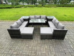 Rackhams 11 Seater Wicker PE Rattan Outdoor Furniture Lounge Sofa Garden Dining Set with Dining Table 2 Side Tables 2 Big Footstools Dark Grey Mixed - thumbnail 1