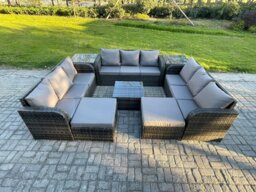 Rackhams Rattan Outdoor Furniture Set Patio Garden Sofa Set with Square Coffee Table 2 Big Footstool 2 Side Tables Dark Grey Mixed - thumbnail 1