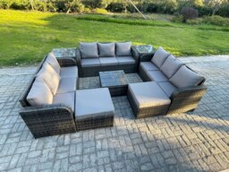 Rackhams Rattan Outdoor Furniture Set Patio Garden Sofa Set with Square Coffee Table 2 Big Footstool 2 Side Tables Dark Grey Mixed - thumbnail 2