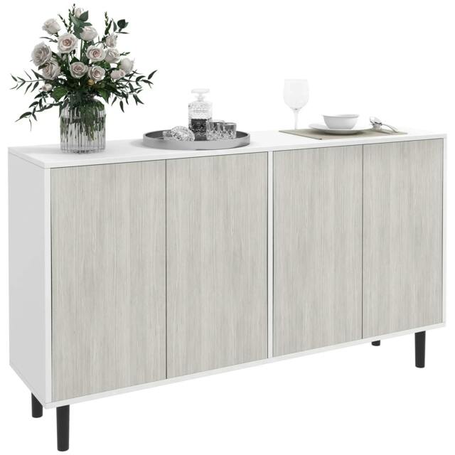 Rackhams Kitchen Sideboard Storage Cabinet for Living Room with Adjustable Shelves 4 Doors and Pine Wood Legs White - image 1