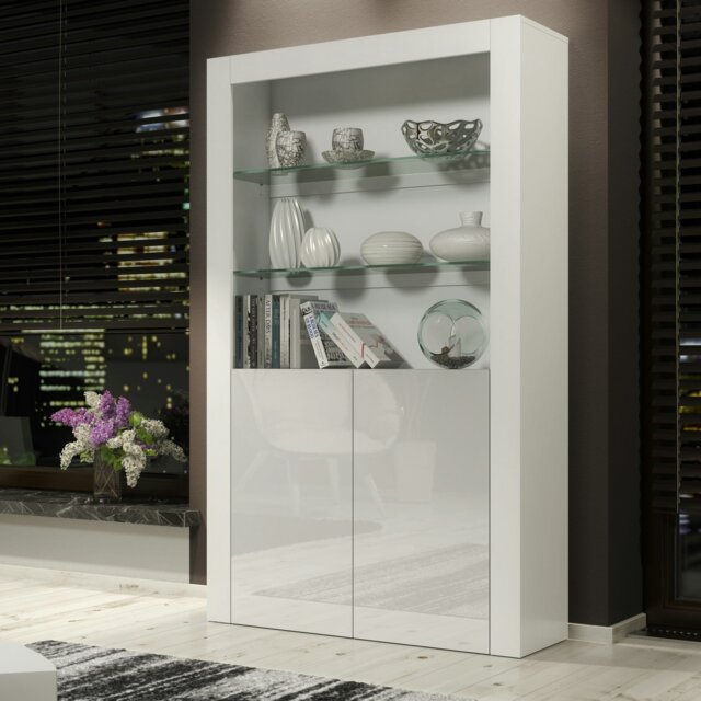 Rackhams Tall Display Cabinet 170cm White Matt Body and White Gloss Doors – Modern Open Shelving Unit - Matt Body & Gloss Doors - White - 170 - image 1