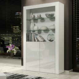 Rackhams Tall Display Cabinet 170cm White Matt Body and White Gloss Doors – Modern Open Shelving Unit - Matt Body & Gloss Doors - White - 170 - thumbnail 1