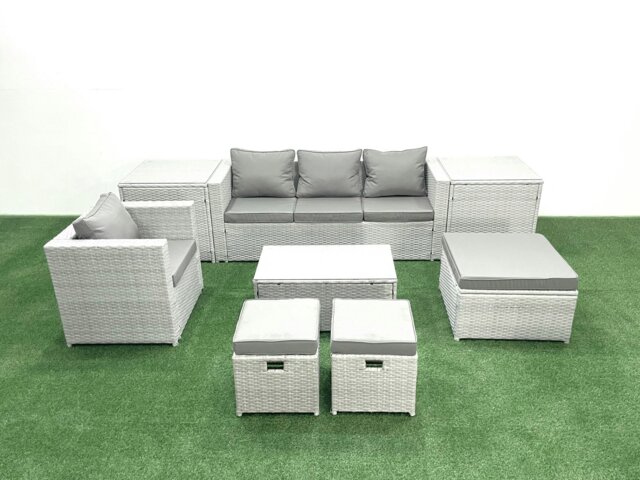 Rackhams 8 Pieces Rattan Garden Furniture Set Outdoor Garden Sofa Chair Coffee Table Set with 2 Side Tables 3 Footstools Light Grey Mixed - image 1