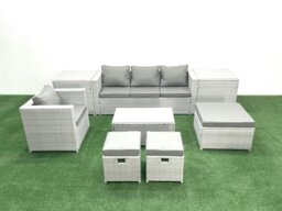 Rackhams 8 Pieces Rattan Garden Furniture Set Outdoor Garden Sofa Chair Coffee Table Set with 2 Side Tables 3 Footstools Light Grey Mixed - thumbnail 1