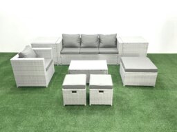 Rackhams 8 Pieces Rattan Garden Furniture Set Outdoor Garden Sofa Chair Coffee Table Set with 2 Side Tables 3 Footstools Light Grey Mixed - thumbnail 2