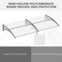 Rackhams Front Door Canopy Outdoor Awning Aluminium Rigid Plastic Polycarbonate Rain Shelter UV Water Rain Resistant 196 x 75cm Clear - thumbnail 4