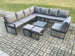 Rackhams 10 Seater Patio Outdoor Garden Furniture Aluminium Lounge Corner Sofa Set with Square Coffee Table 2 Small Footstools Dark Grey - thumbnail 1
