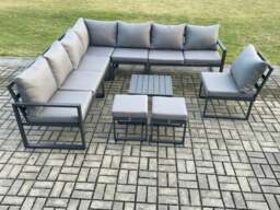 Rackhams 10 Seater Patio Outdoor Garden Furniture Aluminium Lounge Corner Sofa Set with Square Coffee Table 2 Small Footstools Dark Grey - thumbnail 2