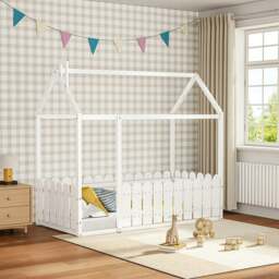 Rackhams Solid Wooden House Bed Frame Low Toddler Bed with Fence and Roof
