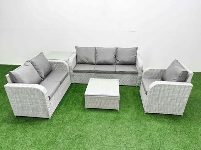 Rackhams 6 Seater Outdoor Rattan Furniture Sofa Set with Square Coffee Table Reclining Chair Loveseat Sofa 3 Seater Sofa Side Table Light Grey - image 1