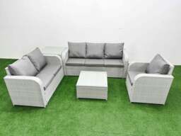 Rackhams 6 Seater Outdoor Rattan Furniture Sofa Set with Square Coffee Table Reclining Chair Loveseat Sofa 3 Seater Sofa Side Table Light Grey - thumbnail 1
