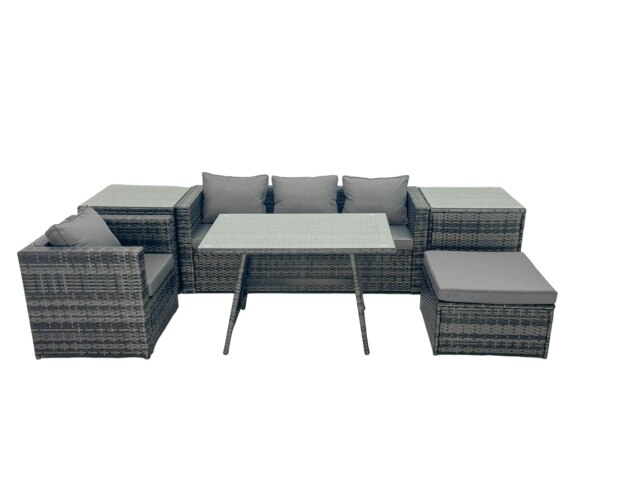 Rackhams Outdoor Dining Table Sofa Armchair Set with 2 Side Tables Big Footstool Garden Furniture Set Dark Grey Mixed - image 1