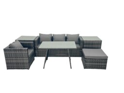 Rackhams Outdoor Dining Table Sofa Armchair Set with 2 Side Tables Big Footstool Garden Furniture Set Dark Grey Mixed - thumbnail 1