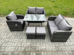 Rackhams 6 Pieces Outdoor Garden Dining Sets Rattan Furniture With Dining Table Armchairs Love Sofa 2 Small Footstools Dark Grey Mixed - thumbnail 2
