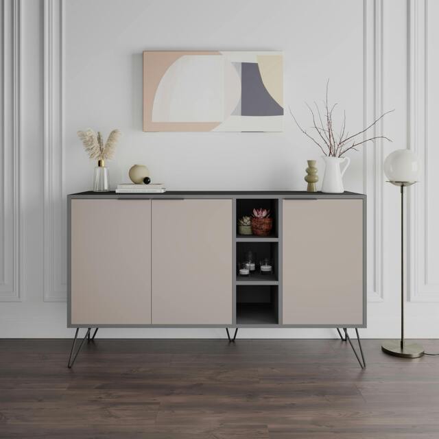 Rackhams Clara Sideboard Cabinet Modern Storage Shelves Hairpin Legs 142cm - Mocha Grey Anthracite Grey - image 1