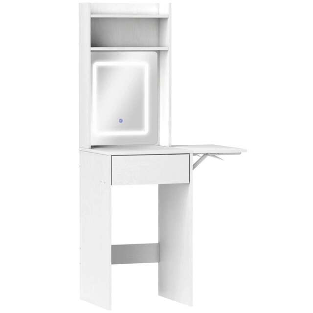 Rackhams Small Vanity Desk with Mirror and LED Lights, Compact Dressing Table with Drop Leaf, Open Shelves and Drawer, White