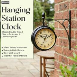 Rackhams My Garden Outdoor Station Clock - Weather Resistant Garden Wall Clock with Metal Bracket, Silent Vintage Hanging Design - thumbnail 4