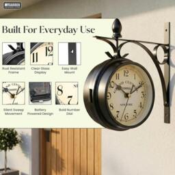 Rackhams My Garden Outdoor Station Clock - Weather Resistant Garden Wall Clock with Metal Bracket, Silent Vintage Hanging Design - thumbnail 3