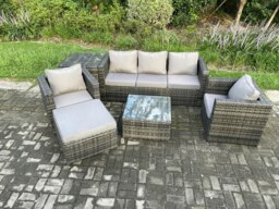 Rackhams 6 Seater Outdoor Lounge Sofa Set Wicker PE Rattan Garden Furniture Set with Armchair Square Coffee Table Big Footstool Dark Grey Mixed - thumbnail 1