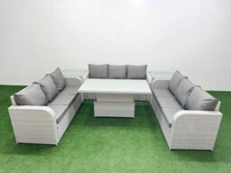 Rackhams 9-Seater PE Rattan Outdoor Lounge Sofa Set - Adjustable Dining/Coffee Table, 3-Seater Sofa, 2 Side Tables - Light Grey - thumbnail 1