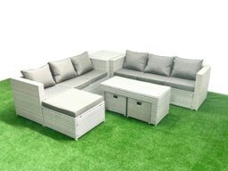 Rackhams 9 Seater Garden Outdoor Rattan Furniture Set Rattan Garden Sofa Oblong Coffee Table with 3 Footstools Side Table Light Grey Mixed - thumbnail 2
