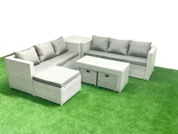 Rackhams 9 Seater Garden Outdoor Rattan Furniture Set Rattan Garden Sofa Oblong Coffee Table with 3 Footstools Side Table Light Grey Mixed - thumbnail 1