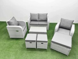 Rackhams Light Grey PE Wicker Rattan Garden Furniture Set Sofa Set Reclining Adjustable Chair Rectangular Coffee Table 7 Seater 3 Small Stools - thumbnail 1