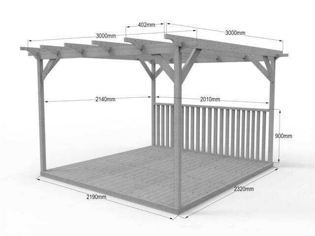 Rackhams Square Pergola And Decking Kit With One Side Balustrade - Rustic Brown - 3m x 3m - image 1
