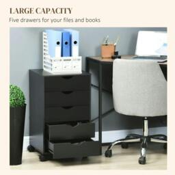 Rackhams 5 Drawer Mobile Filing Cabinet, Vertical File Cabinet, Modern Rolling Office Storage Organizer Cupboard, Black - thumbnail 4