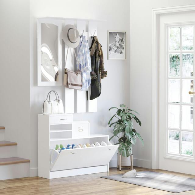 Rackhams Hallway Furniture Set with Shoe Cabinet, Coat Rack and Mirror, Grey - image 1