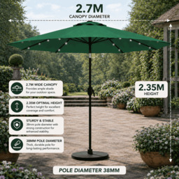 Rackhams Garden Parasol Solar LED 2.7M ,Tilting Table Umbrella with Crank Handle, Protection UV40, Includes Parasol Cover- Green - thumbnail 2