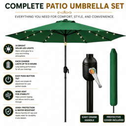 Rackhams Garden Parasol Solar LED 2.7M ,Tilting Table Umbrella with Crank Handle, Protection UV40, Includes Parasol Cover- Green - thumbnail 5