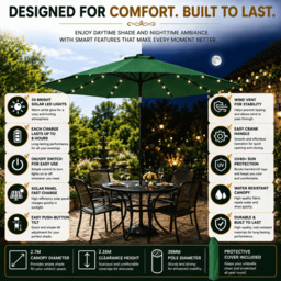 Rackhams Garden Parasol Solar LED 2.7M ,Tilting Table Umbrella with Crank Handle, Protection UV40, Includes Parasol Cover- Green - thumbnail 3