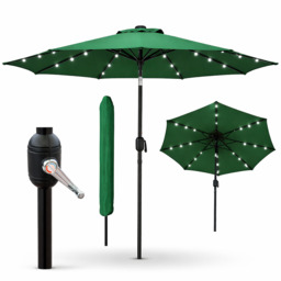 Rackhams Garden Parasol Solar LED 2.7M ,Tilting Table Umbrella with Crank Handle, Protection UV40, Includes Parasol Cover- Green