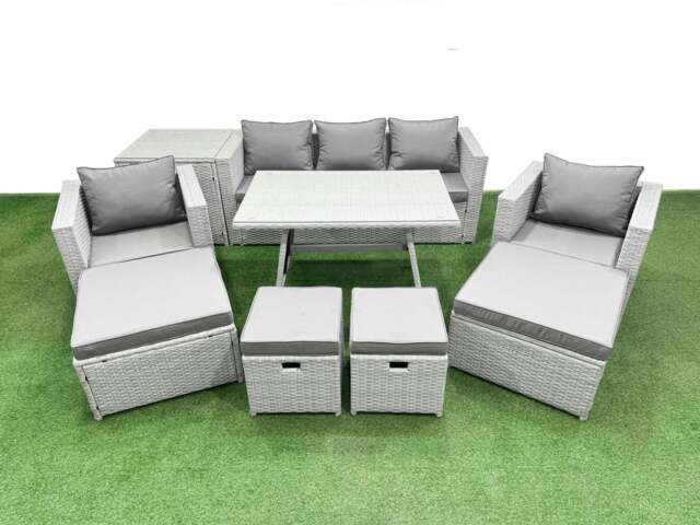 Rackhams 9 Pieces Outdoor PE Rattan Sofa Armchair Set Patio Garden Furniture Sets with Cushions Side Table 4 Stools Light Grey - image 1