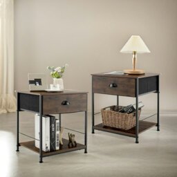 Rackhams Set Of 2 Industrial Bedside Nightstand Tables With Drawer Brown - thumbnail 1