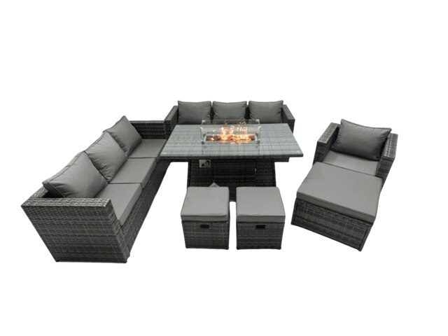 Rackhams Rattan Garden Furniture Fire Pit Dining Set 7 Seater Lounge Sofa Table Set with 3 Footstool - image 1