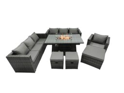 Rackhams Rattan Garden Furniture Fire Pit Dining Set 7 Seater Lounge Sofa Table Set with 3 Footstool - thumbnail 1