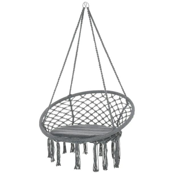 Rackhams Outdoor Cotton-Polyester Blend Macrame Hanging Rope Chair with Cushion, Portable Garden Chair with Fringe Tassels for Patio, Deck, Tree, Grey - image 1
