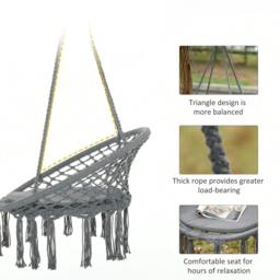 Rackhams Outdoor Cotton-Polyester Blend Macrame Hanging Rope Chair with Cushion, Portable Garden Chair with Fringe Tassels for Patio, Deck, Tree, Grey - thumbnail 5