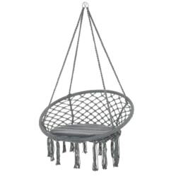 Rackhams Outdoor Cotton-Polyester Blend Macrame Hanging Rope Chair with Cushion, Portable Garden Chair with Fringe Tassels for Patio, Deck, Tree, Grey - thumbnail 1