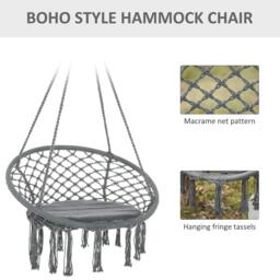 Rackhams Outdoor Cotton-Polyester Blend Macrame Hanging Rope Chair with Cushion, Portable Garden Chair with Fringe Tassels for Patio, Deck, Tree, Grey - thumbnail 4